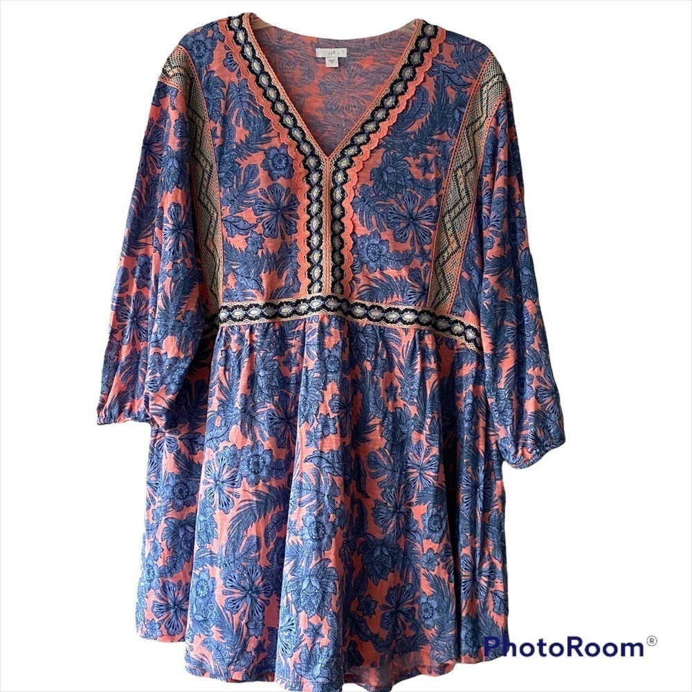 J Jill Boho Floral V Neck Embroidered Cotton Blend Tunic/Dress size XL